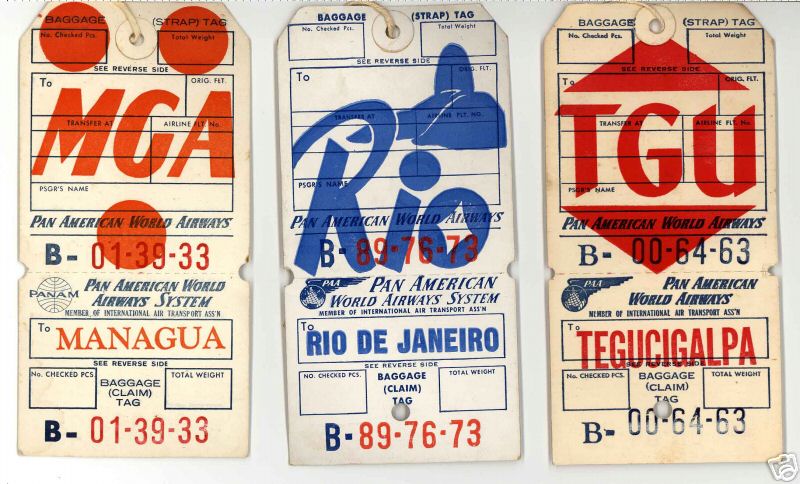 A batch of 1950s Pan Am baggage tags for destinations left to right Managua, Nicaragua, Rio de Janeiro, Brazil,  and Tegucigalpa, Hondurus.